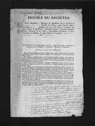 Collection du greffe. Baptêmes, mariages, sépultures, 1787