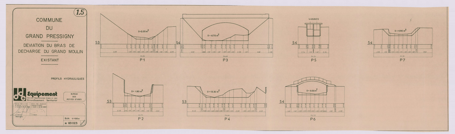 Déviation du bras de décharge du Grand Moulin, relevé de l'existant : profil en long (12 décembre 1983)