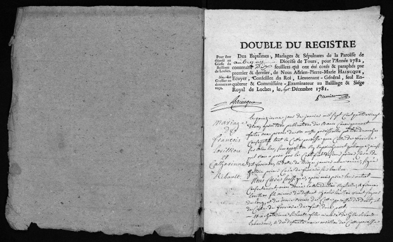 Collection du greffe. Baptêmes, mariages, sépultures, 1782