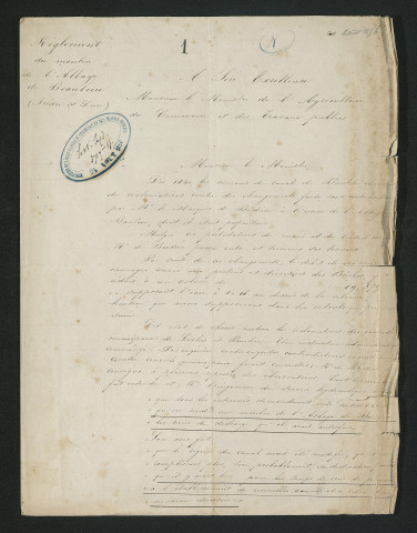 Requêtes contre des arrêtés relatifs au règlement du moulin de l'Abbaye de Beaulieu (1856-1857)