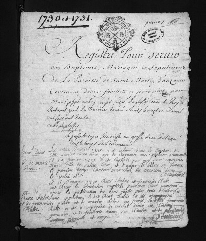 Collection du greffe. Baptêmes, mariages, sépultures, 1730-1731 - Les années 1727-1729 sont lacunaires dans cette collection