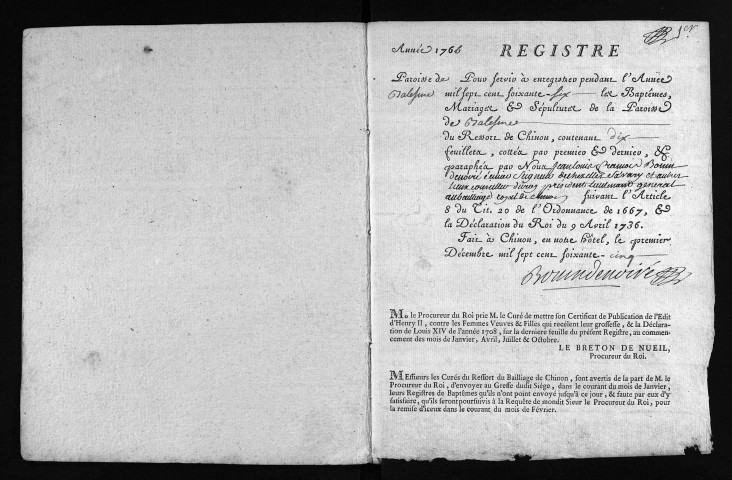 Collection du greffe. Baptêmes, mariages, sépultures, 1766