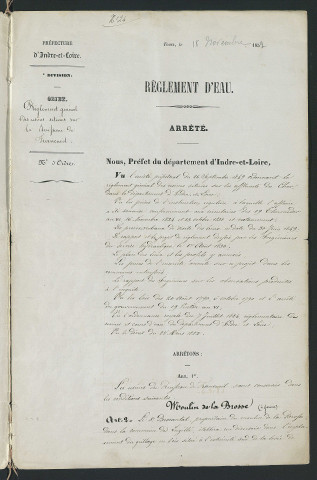 Arrêté portant règlement hydraulique des usines situées sur le ruisseau de Francueil (18 novembre 1852)