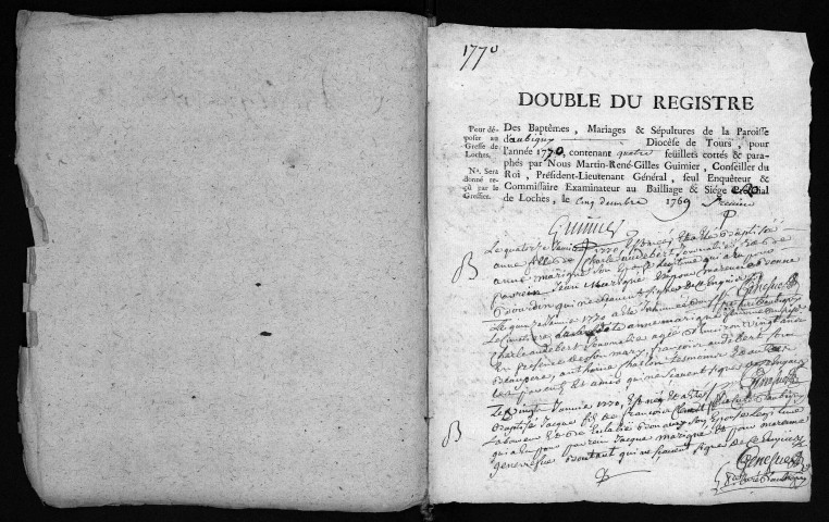 Collection du greffe. Baptêmes, mariages, sépultures, 1770