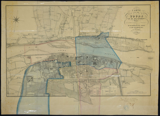 Carte de la ville de Tours et de ses environs dressée sous l'administration et les auspices de M. d'Entraigues, préfet, et de M. Walvein, maire, par M. Gayard, géomètre en chef du cadastre. Editeur Moisy, rue Royale à Tours (1839).