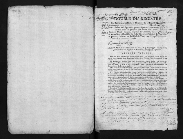 Collection du greffe. Baptêmes, mariages, sépultures, 1782