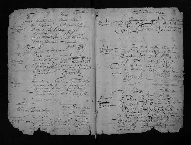 Collection communale. Baptêmes, sépultures, 1622-1632 - Célébration du mariage de Guillaume Trahan et Françoise Corbineau le 13 juillet 1627 qui ont émigré en Acadie.