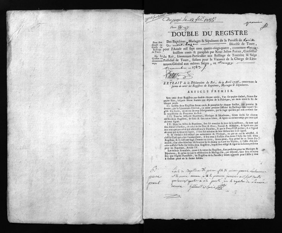 Collection du greffe. Baptêmes, mariages, sépultures, 1784