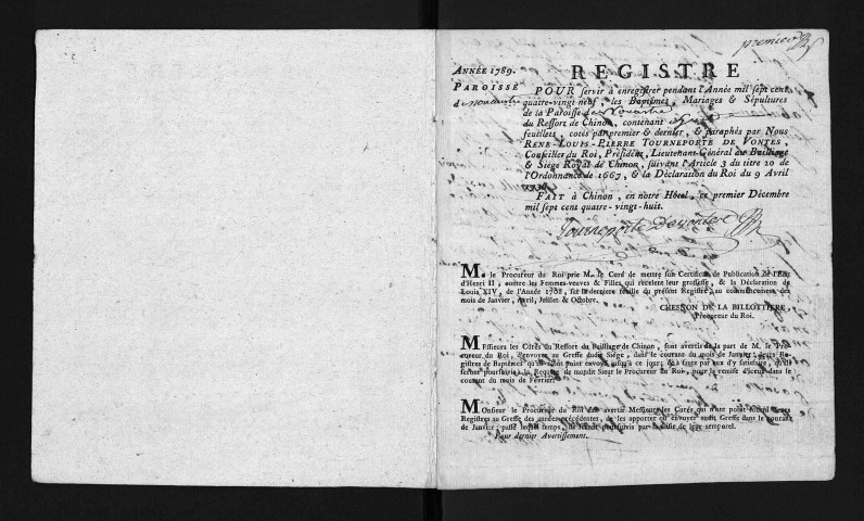 Collection du greffe. Baptêmes, mariages, sépultures, 1789