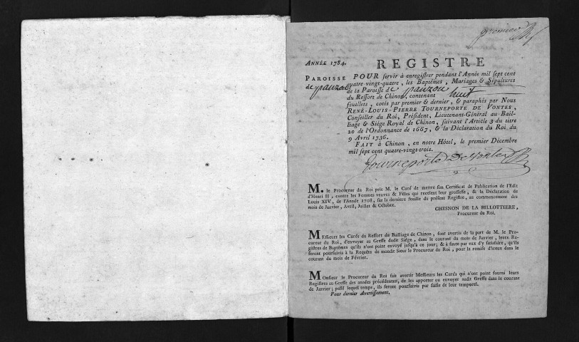 Collection du greffe. Baptêmes, mariages, sépultures, 1784