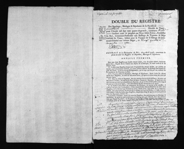 Collection du greffe. Baptêmes, mariages, sépultures, 1783