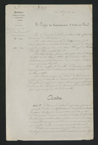 Arrêté de mise en demeure d'exécution de travaux (14 juin 1852)