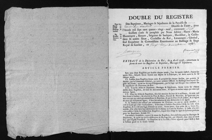 Collection du greffe. Baptêmes, mariages, sépultures, 1789