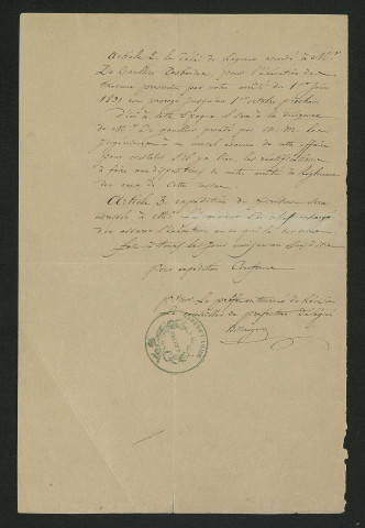 Arrêté préfectoral ordonnant la remise en service du moulin (6 août 1832)
