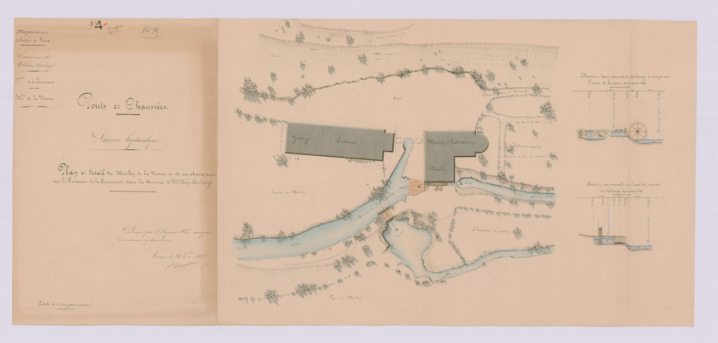Plan et détails du moulin de la Viorne et des ses abords (25 octobre 1851)
