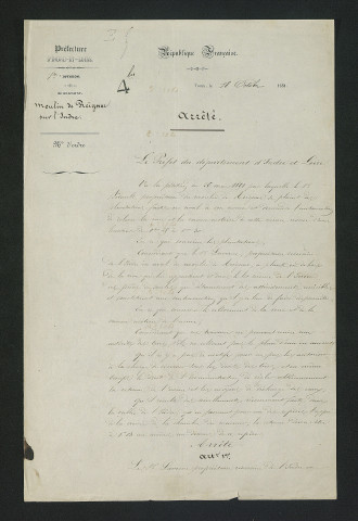 Arrêté préfectoral autorisant le relèvement de la roue et de la vanne motrice (18 octobre 1851)