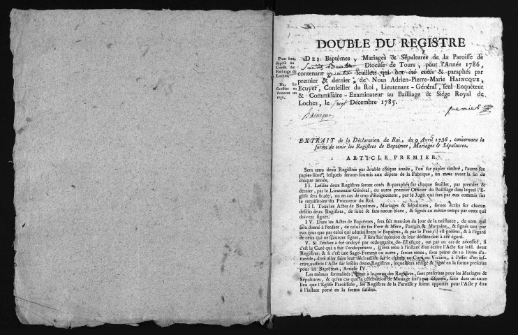 Collection du greffe. Baptêmes, mariages, sépultures, 1786