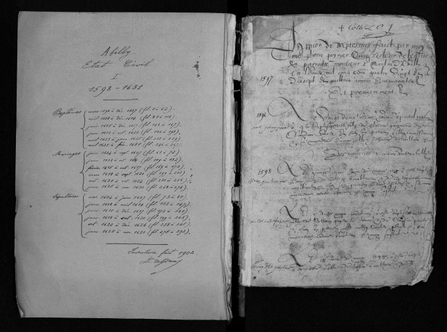 Collection communale. Baptêmes, mariages, sépultures, 1598-1631 - Les années 1632-1637 sont lacunaires dans cette collection