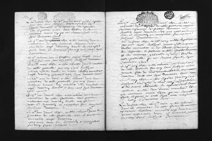 Baptêmes, mariages, sépultures, 1692 - Les années 1688-1691 sont lacunaires dans la collection du greffe