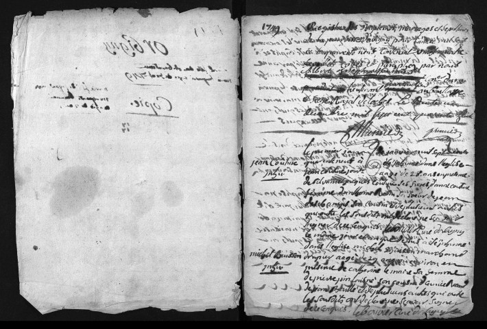 Collection du greffe. Baptêmes, mariages, sépultures, 1749