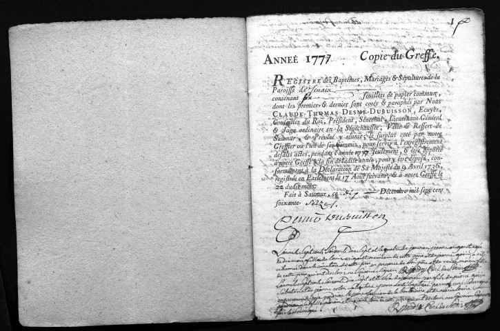 Collection du greffe. Baptêmes, mariages, sépultures, 1777