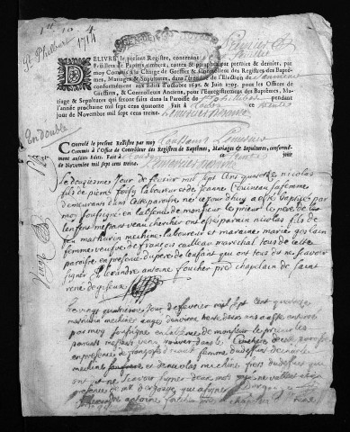 Collection du greffe. Baptêmes, mariages, sépultures, 1714 - Les années 1692-1713 sont lacunaires dans cette collection