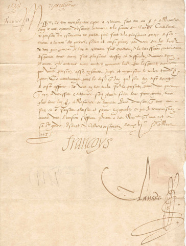 Lettre du dauphin François (futur François II) « aux gens des comptes de Blois » pour leur demander d'enregistrer et d'entériner, sans nouveaux retards et difficultés, les lettres par lesquelles le roi son père (Henri II) a accordé quatre cents livres de pension au seigneur de Mesvilliers (Picardie), écuyer d'écurie ordinaire du roi au service du dauphin, pour le dédommager des pertes que la guerre lui a fait subir.