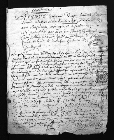 Collection du greffe. Baptêmes, mariages, sépultures, 1677-1679