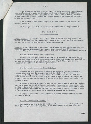 Arrêté autorisant les travaux : désaffectation des moulins des Thibaudières, du bourg d'Épeigné et Bodeau - construction des déversoirs. (28 janvier 1980)
