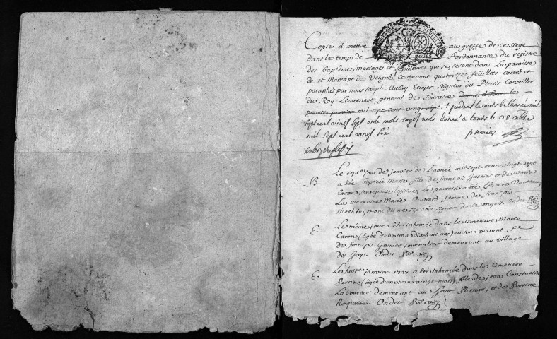 Collection du greffe.Baptêmes, mariages, sépultures, janvier-10 mars 1727 (registre inachevé)