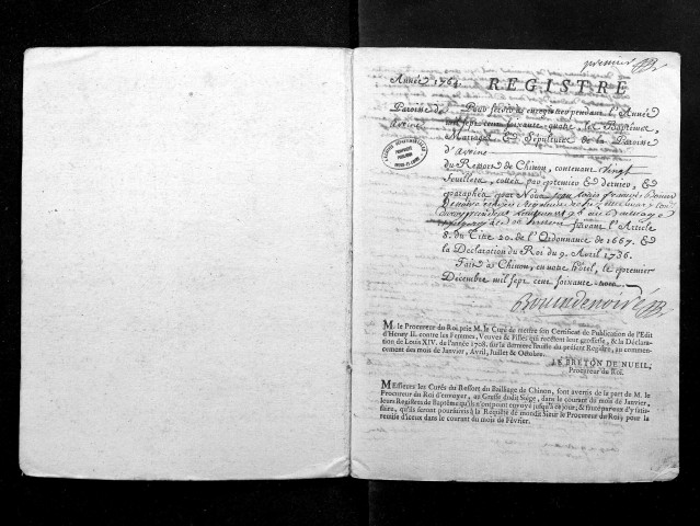 Collection du greffe. Baptêmes, mariages, sépultures, 1764