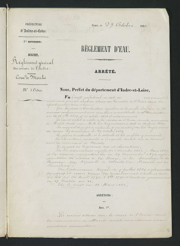 Arrêté portant règlement hydraulique des usines de l'Indre situées dans la commune de Monts (29 octobre 1852)