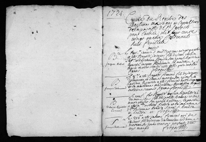Baptêmes, mariages, sépultures, 1724