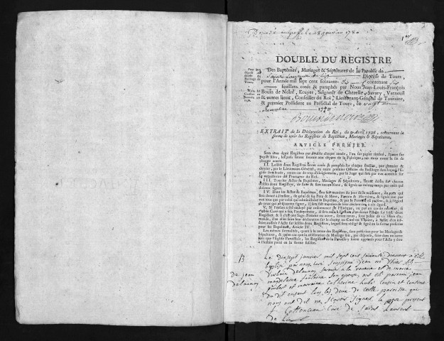 Collection du greffe. Baptêmes, mariages, sépultures, 1779