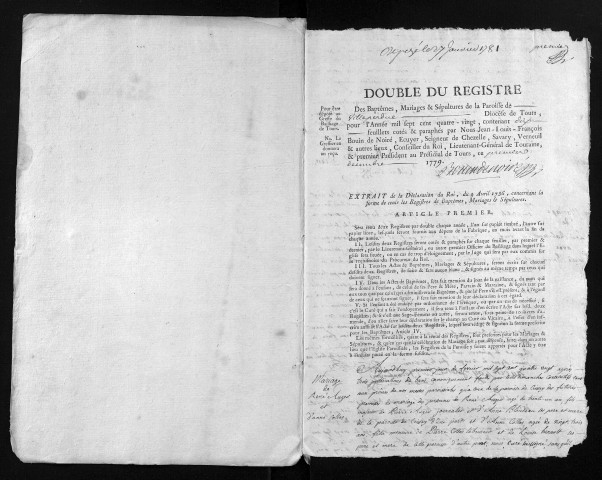 Collection du greffe. Baptêmes, mariages, sépultures, 1780