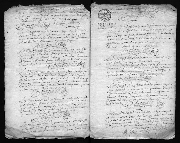 Collection du greffe. Baptêmes, mariages, sépultures, 8 janvier 1674-juin 1675