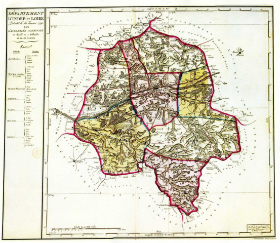 Carte du département d'Indre-et-Loire présentée par les députés de la Touraine au Comité de Constitution le 25 janvier 1790.