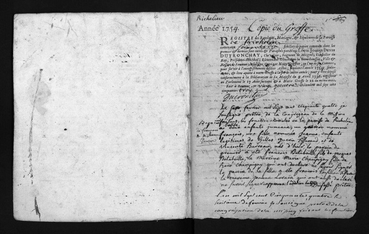 Collection du greffe. Baptêmes, mariages, sépultures, 1754