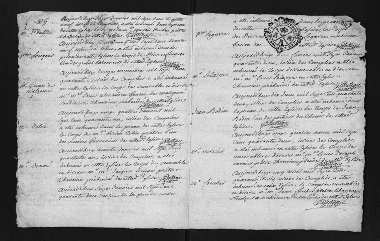 Sépultures, 1737-1746 - Les actes numérisés des cotes 6NUM6/261/309 à 6NUM6/261/312 sont ceux de la collection du greffe
