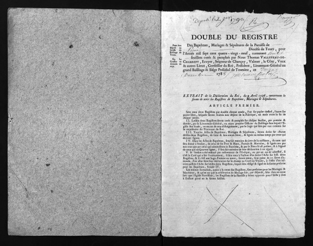 Collection du greffe. Baptêmes, mariages, sépultures, 1789