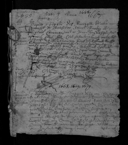 Mariages, avril 1668-juin 1670 ; baptêmes, janvier 1668-juin 1670 ; "état du revenu de la cure de Saint-Martin de Ligueil", compte de recettes (1691-1693, au milieu du cahier) ; prière en latin (fragment non daté, dernier f. du cahier)