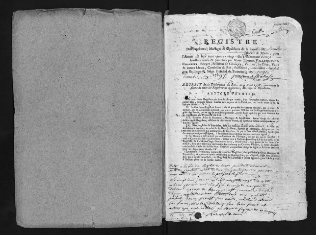 Collection du greffe. Baptêmes, mariages, sépultures, 1790-avril 1791