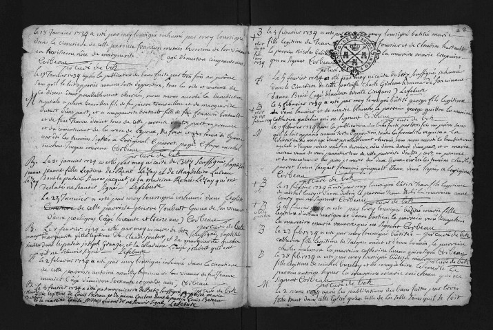 Collection du greffe. Baptêmes, mariages, sépultures, 1734