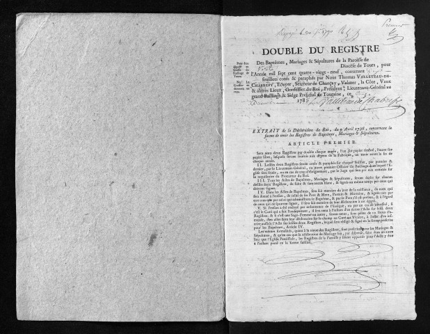 Collection du greffe. Baptêmes, mariages, sépultures, 1789