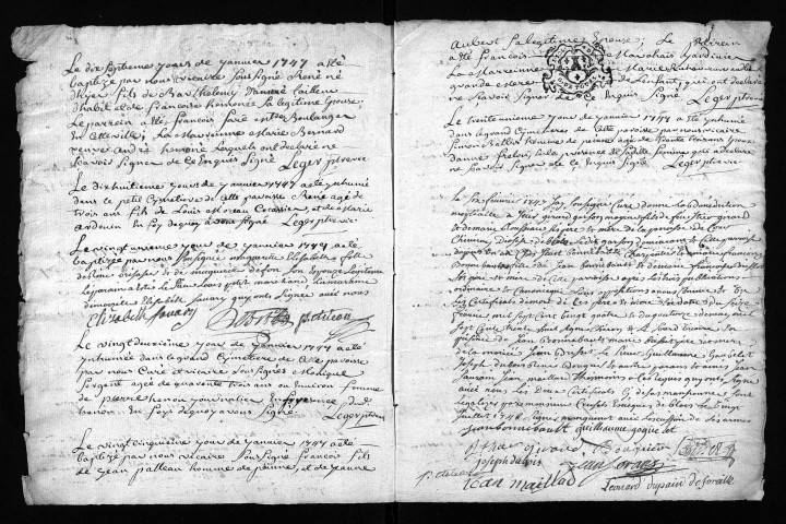 Collection du greffe. Baptêmes, mariages, sépultures, 1747