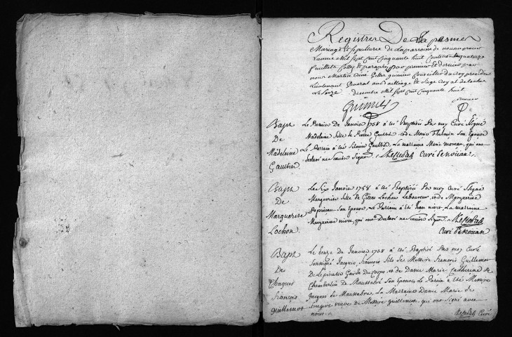 Collection du greffe. Baptêmes, mariages, sépultures, 1758