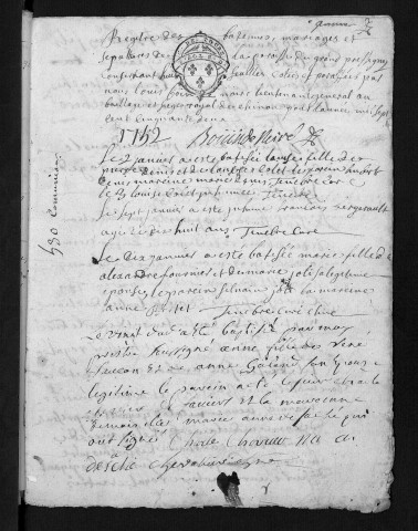 Collection communale. Baptêmes, mariages, sépultures, 1752