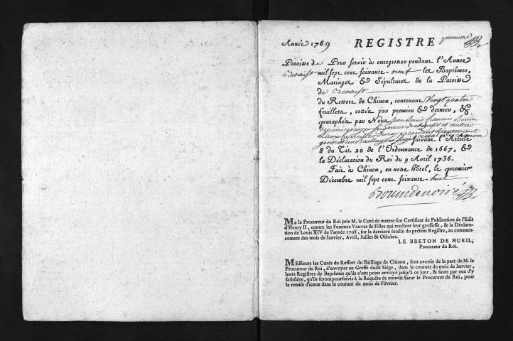 Collection du greffe. Baptêmes, mariages, sépultures, 1769-1770