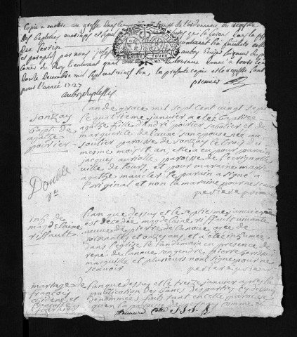 Baptêmes, mariages, sépultures, 1727 - Les années 1693-1726 sont lacunaires dans la collection du greffe