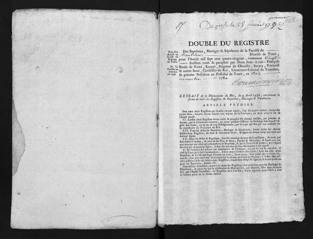 Collection du greffe. Baptêmes, mariages, sépultures, 1781